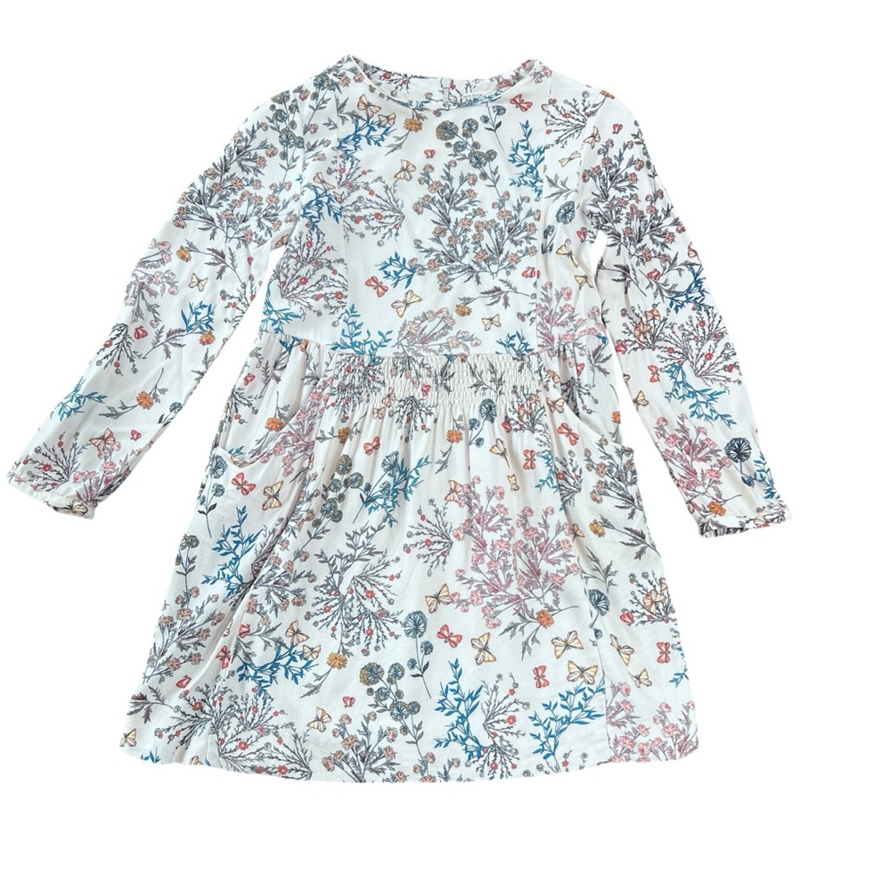 Girls' Floral Print Long-Sleeve Dress - White with Multicolor Floral
